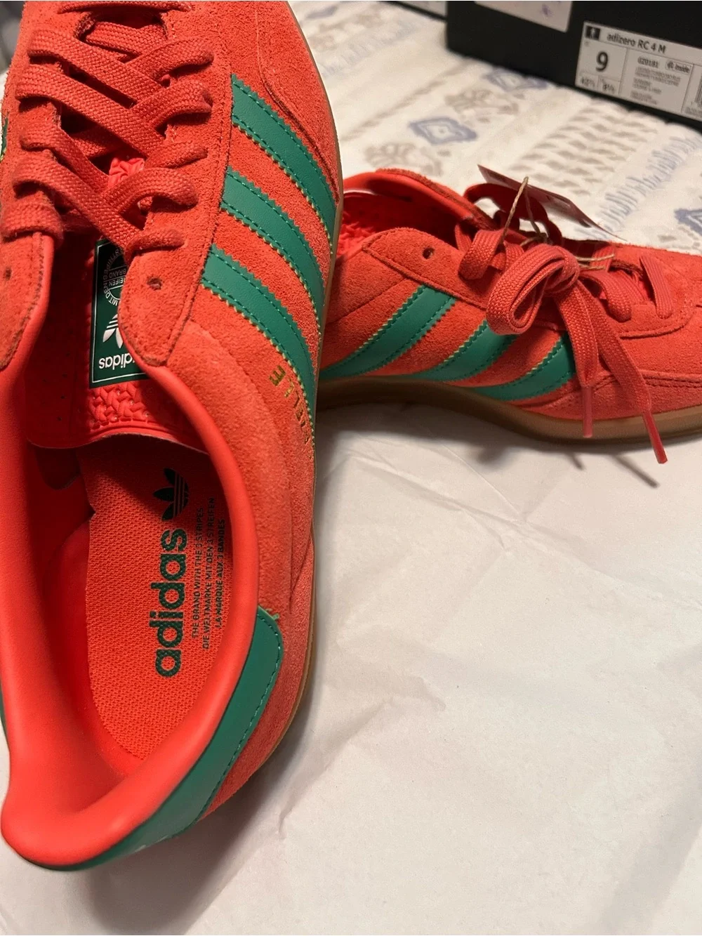 adidas Red Suede Gazelle Indoor Sneakers with Green Stripes